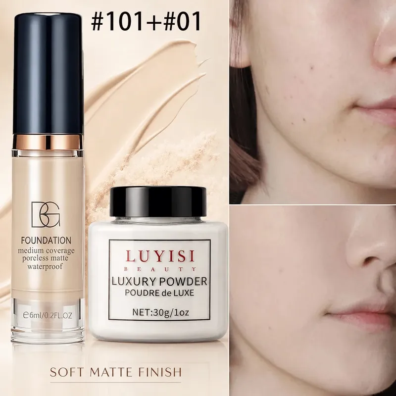 Facial Makeup Set:1pc Matte Loose Powder+1pc Waterproof Fundation High-Coverage Long-Lasting Oil Control Creat Natural Looks. — image 8