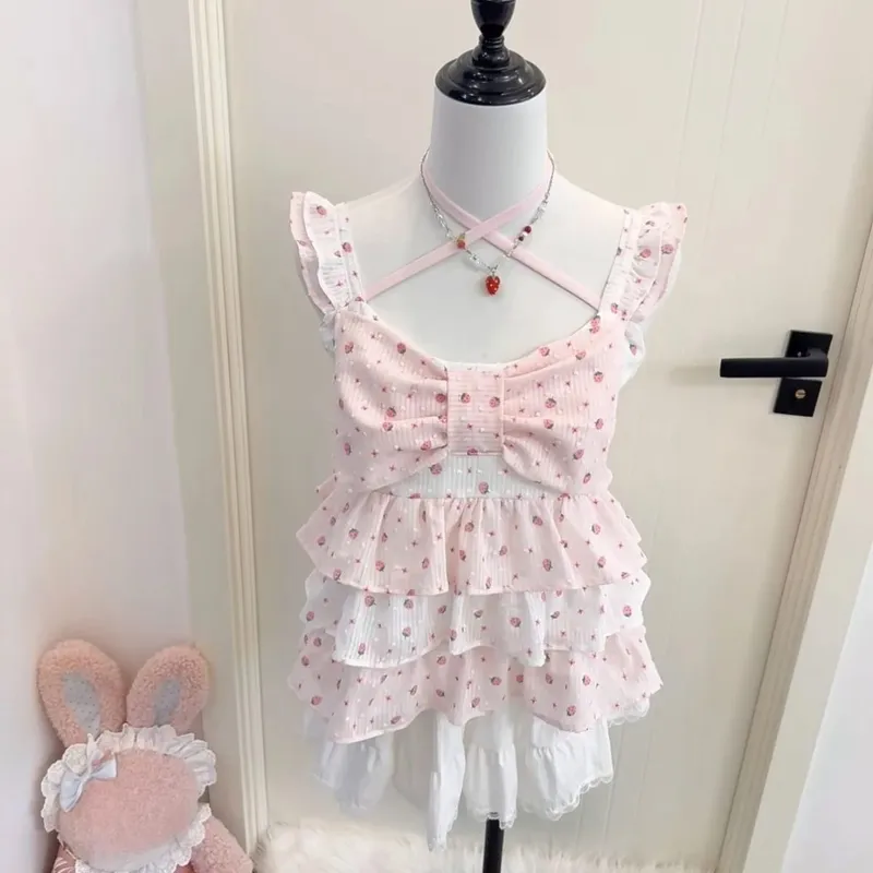 Sweet Japanese Style Tiered Sleeveless Dress with Polka Dots Cute Mini Cake Dress Summer Casual Feminine Outfit for Women New