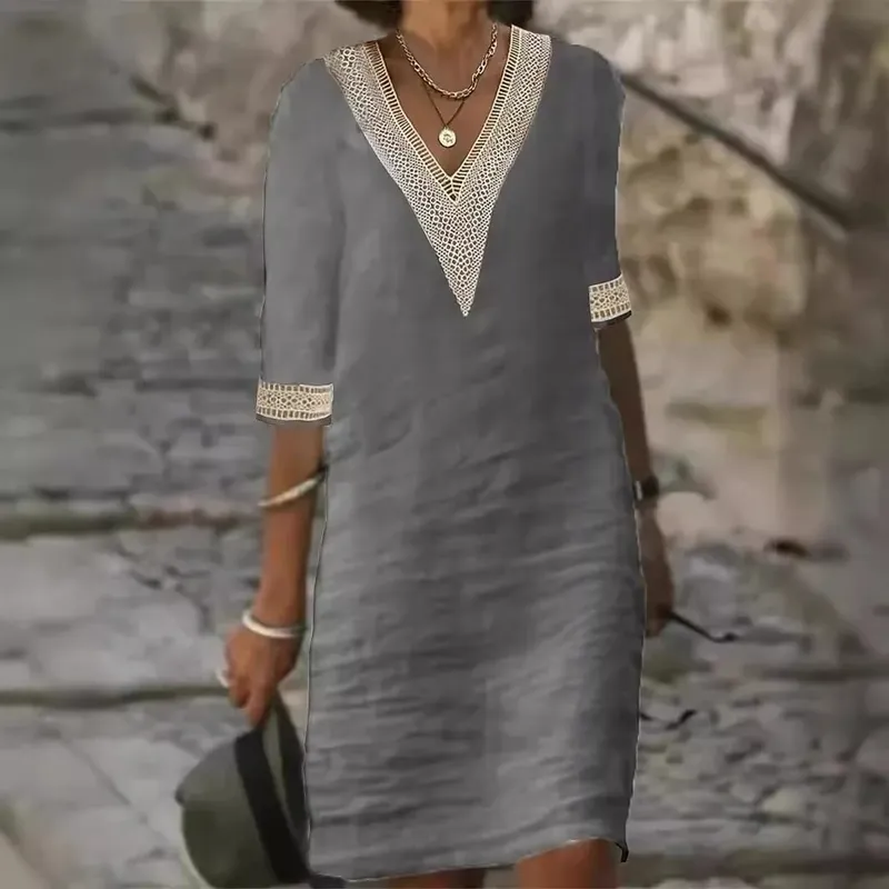 Customizable Women Dress Summer Sexy V-neck Casual Solid Dress — image 3