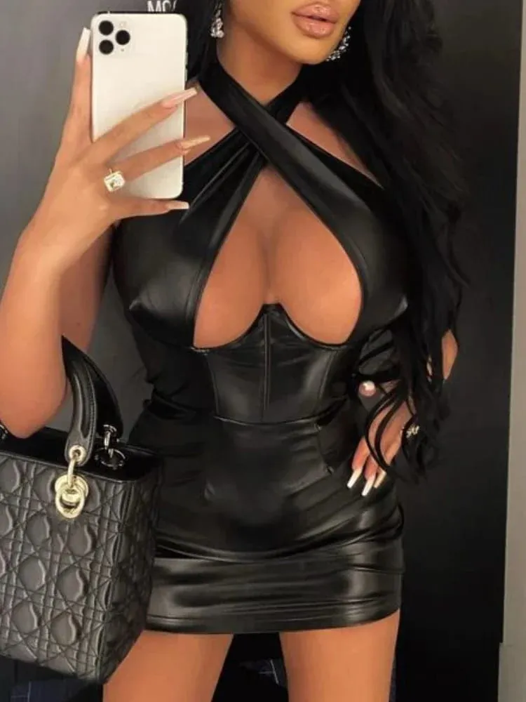 Sexy Off Shoulder Wrap Chest Hollow Out Imitation Leather Bodycon Dress Women Sleeveless Skinny Evening Dress Club Party — image 3