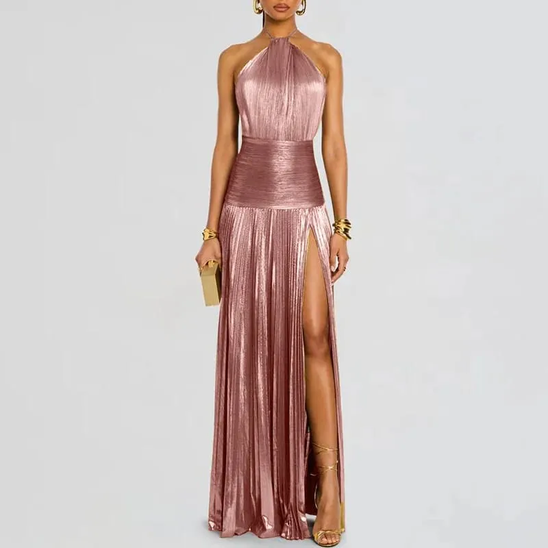 Zlaté sexy ohlávkové šaty s vysokými dělenými róbami Večerní šaty Dámské elegantní Jednobarevné duté řasené dlouhé šaty Jaro Léto Maxi šaty na zip bez zad — image 4