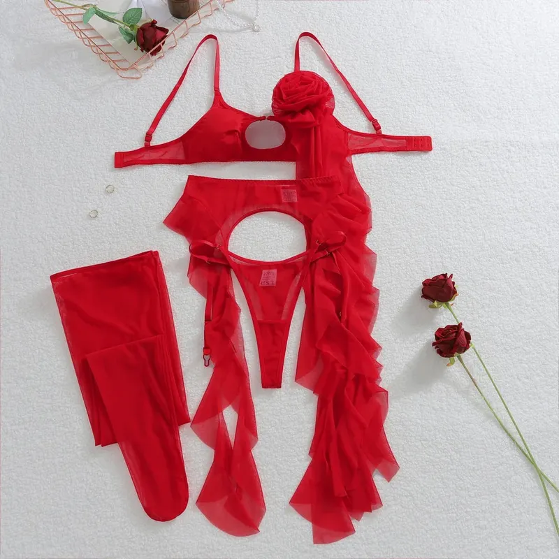Sexy Red Rose Decoration See Through Mesh Lingerie Set Women's Ruffle Edge Ribbon Shaping Split Set Female Hollow Out Underwear