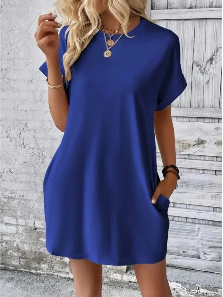 Fashion Boho Resort Style Beach Dresses For Women 2024 New Summer Solid Color O Neck Loose Short Sleeve Pocket Mini Dress Femme — image 3