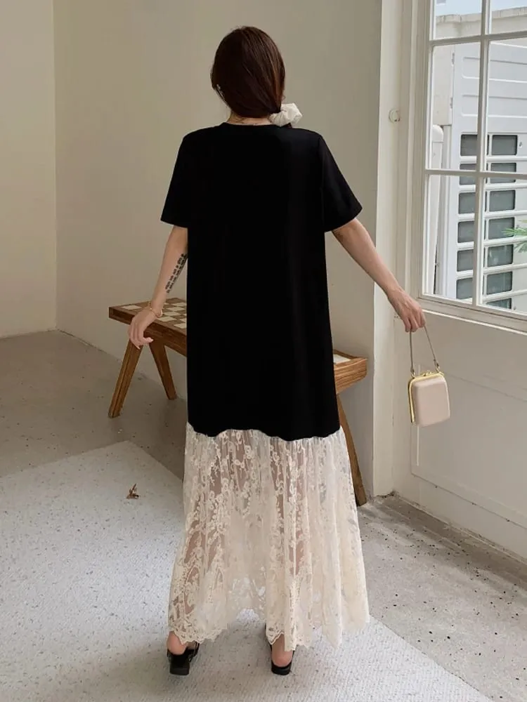 plus Size Women's Lave Patchwork Dress Summer 2026 Loose Long Dresses Robe Elbise Short Sleeve Korean Style Floral Hem — image 6