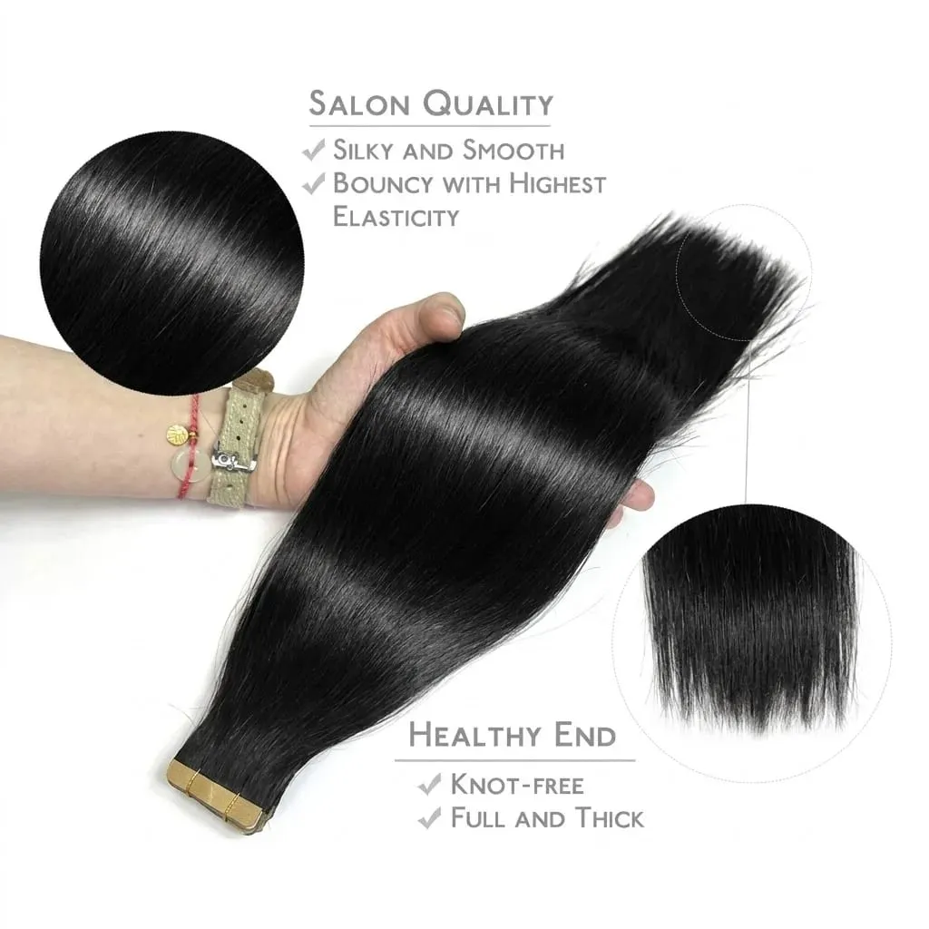 Tape In Real Human Hair Extensions Straight 18 24 Inch 1B Natural Black 50g/pack Color Invisible Seamless Skin PU Weft Tape Ins Extension For Women — image 5