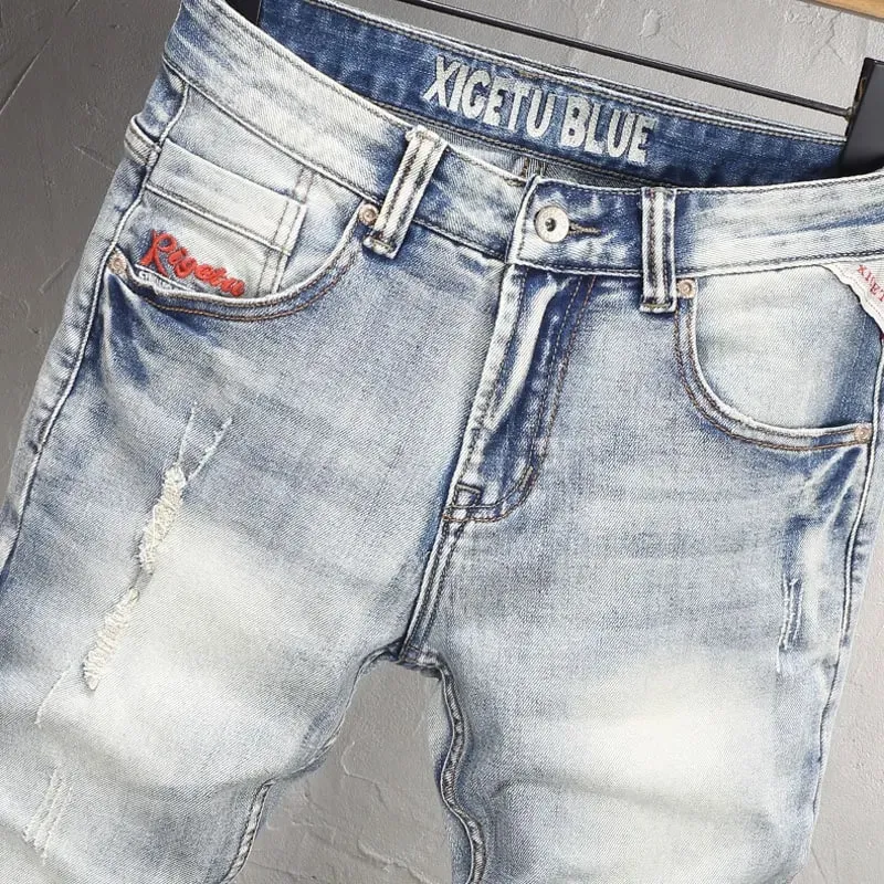 Designer Fashion Men Jeans High Quality Retro Light Blue Stretch Slim Fit Ripped Jeans Men Y2K Embroidery Vintage Denim Pants — image 3