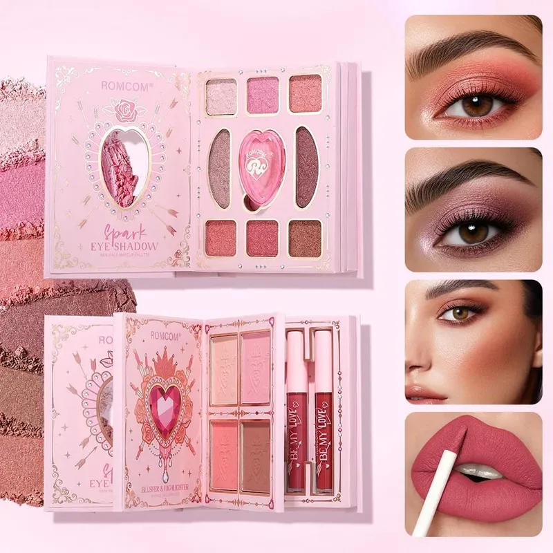Pink Heart Decor Full Face Makeup Combo 9 Neutral Eye Shades 4 Cheek Tints 4 Nude Matte Lip Gloss Portable Design — image 2