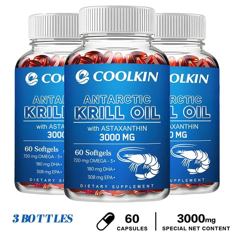 Antarctic Krill Oil 3000mg - Omega-3 EPA DHA Natural Astaxanthin Maximum Strength for Heart & Joint Health