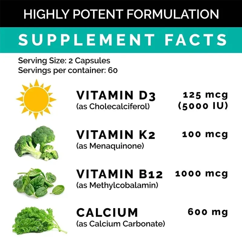 Calcium 600 Mg Vitamin D3 K2 B12 Supplement - Provides Heart Bone and Immune Support for Women and Men — image 4