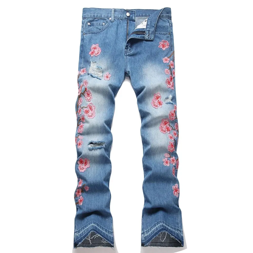 Men Sakura Embroidery Denim Jeans Streetwear Boot Cut Pants Released Hem Flared Trousers with Ripped And Cherry Blossom Design — image 9