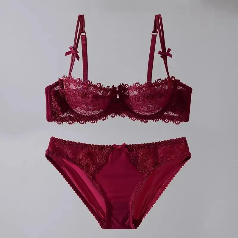 ยุโรปลูกไม้ชุด Ultra-Thin กึ่งโปร่งใสครึ่งถ้วย Pure Desire Bras สำหรับหน้าอกขนาดเล็ก Anti-Sagging ชุดชั้นในสบาย — image 11