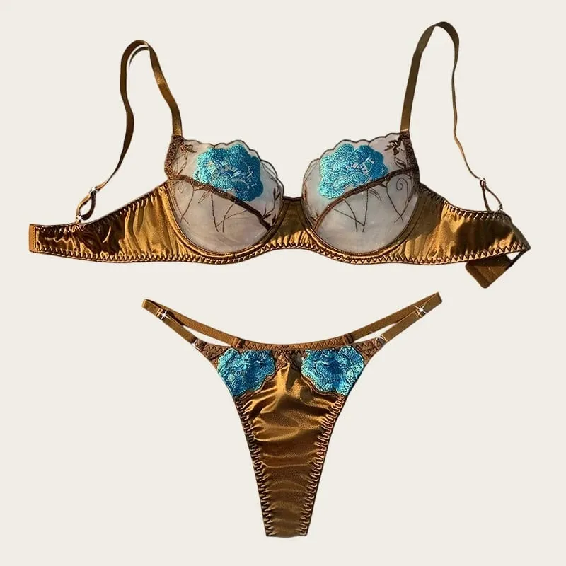 Sexy Bras for Women Fancy Lingerie Luxury Satin Underwear Delicate Embroidery Erotic Lingerie 2 Pieces Translucent Bralette Sets — image 1