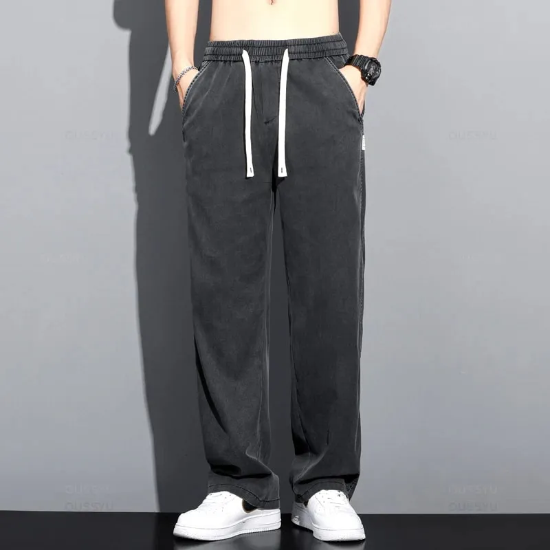 Summer Thin Soft Lyocell Fabric Jeans Men Loose Straight Wide Leg Pants Drawstring Elastic Waist Casual Trousers Plus Size M-5XL — image 3