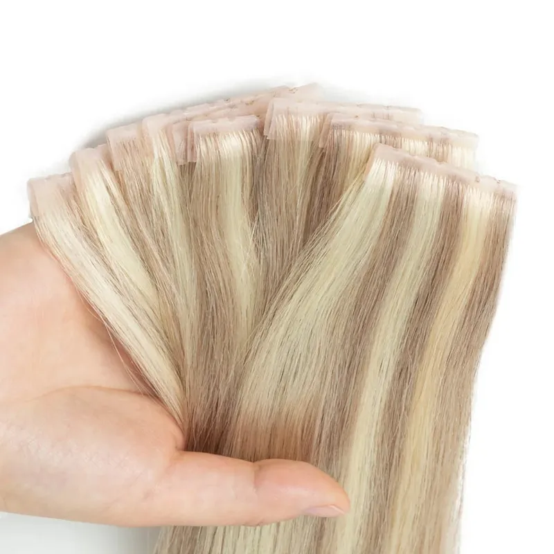 Brown Invisible Twin Tabs Hair Weft Human Hair Extensions Straight Inject PU Hole Weft Microlinks XO Weft Blonde 10pcs/Pack — image 8