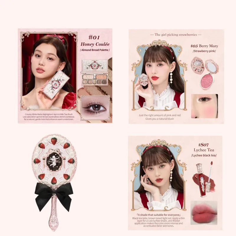 Flower Knows Strawberry Rococo Series Makeup Set Glitter Matte Eyeshadow Palette Blusher Power Velvet Lipstick Kit Perfume Set