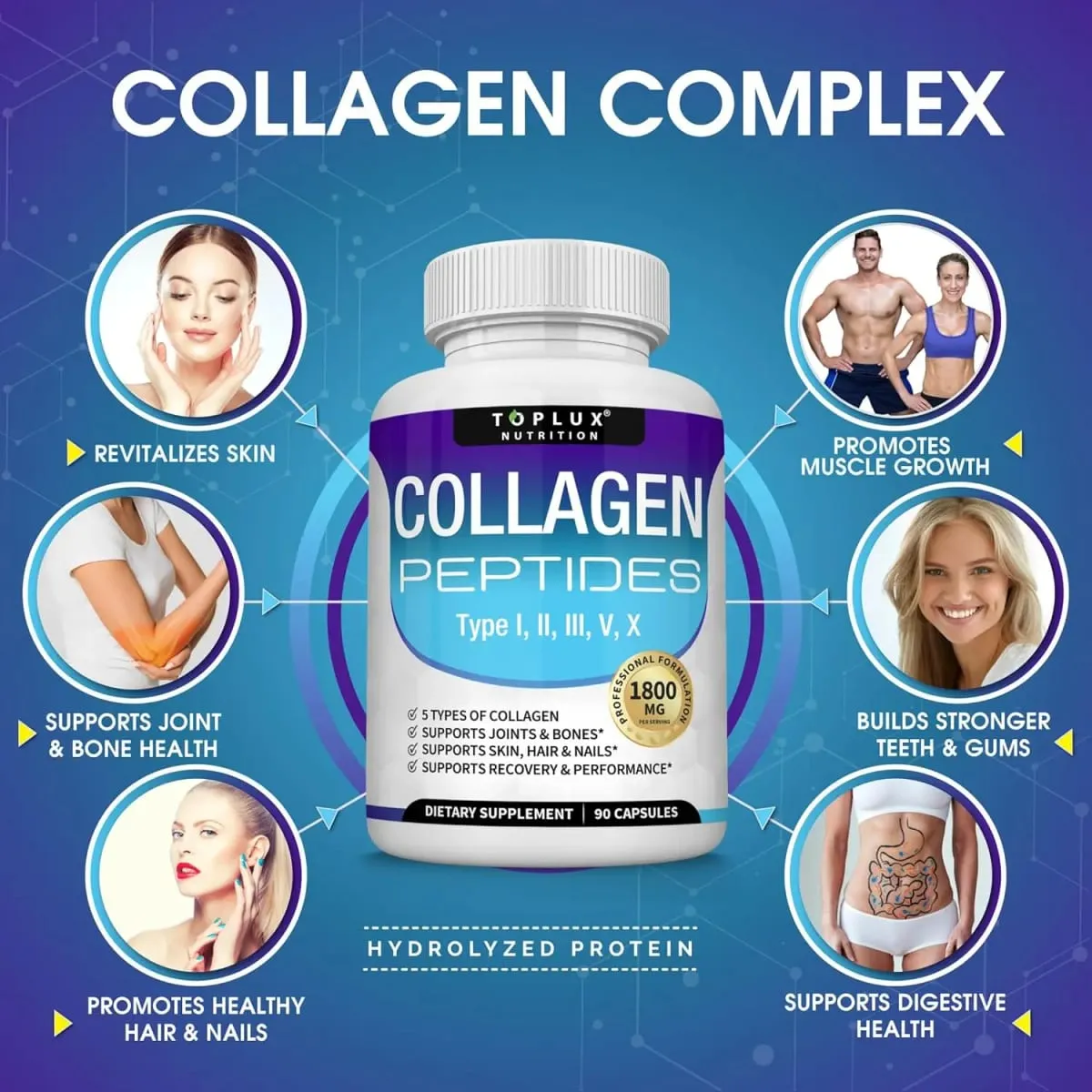 Cápsulas de péptidos de colágeno múltiple 1800 mg - Las píldoras complejas de colágeno de proteína hidrolizada promueven la piel y las articulaciones del cabello para hombres y mujeres — image 2