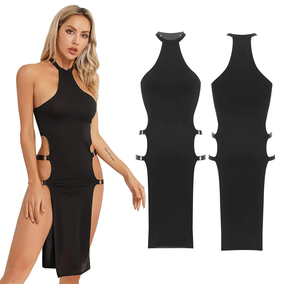 Sleeveless Womens Sides Split Bodycon Dress Sexy Pole Dance Costume Summer Black Adjustable Strappy High Cut Dresses Party Club — image 5