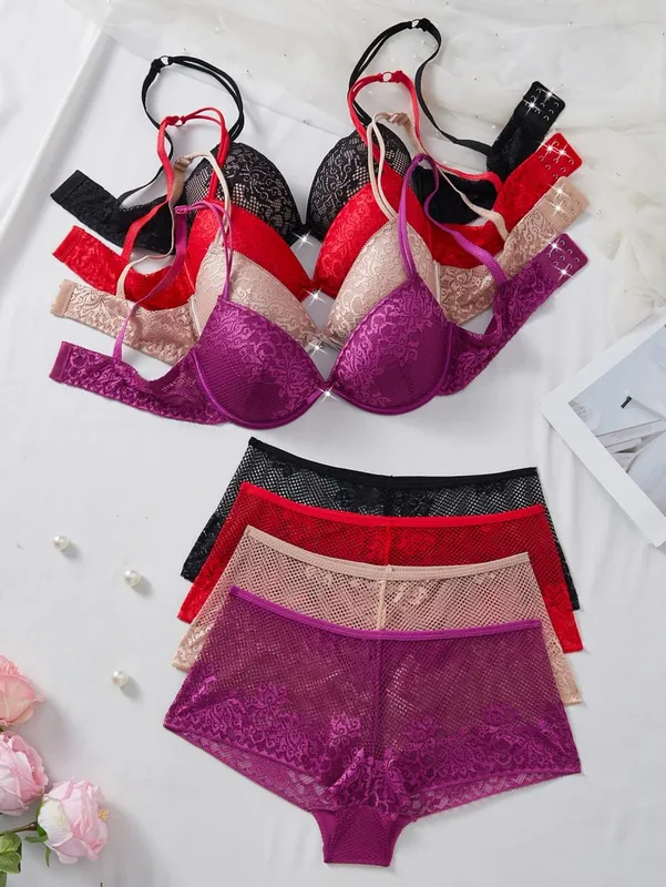 Ensemble de sous-vêtements pour femmes, 4 pièces, soutien-gorge Push Up en dentelle florale, culotte transparente et respirante, élégante, confortable, Lingerie Sexy