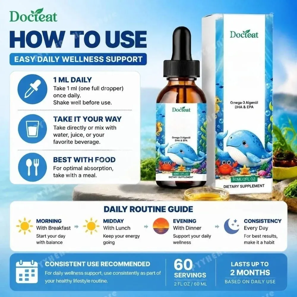 Docteat óleo de algas ômega-3 à base de plantas DHA EPA gotas líquidas crianças saúde do cérebro vegano não-OGM nutrição diária laranja 60 porções