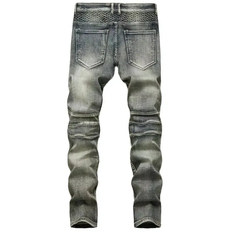 Men's New Casual Motorcycle Jeans Hip Hop Street Riding Stretch Slim Fit Straight Pants Patchwork Fashion Denim Trousers Male — image 4