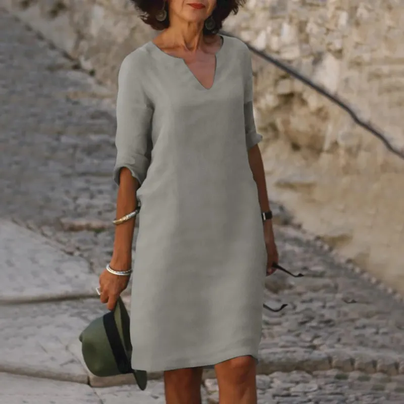 Cotton Linen Women's White Mini Dresses Half Sleeve Holiday Vacation Women's Dress V Neck Solid Color Women's Summer Party Dress