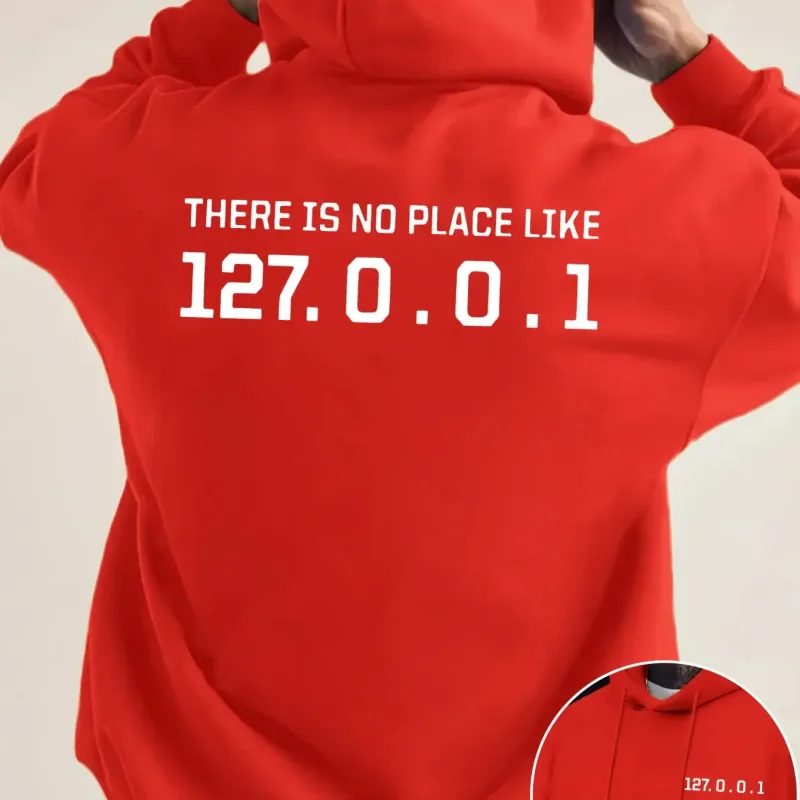 プログラマーオタク 127.0.0.1 テキストグラフィックパーカー男性のための両面プリントソフトフリースルーズフード付きプルオーバートップス — image 2