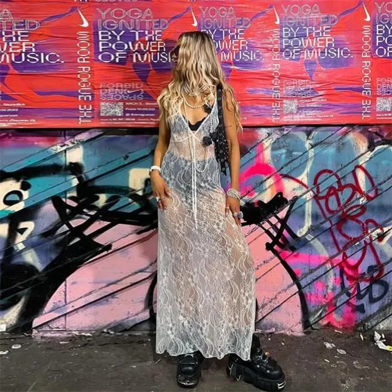 Xingqing Lace Dresses Women Summer Sheer See Through Deep V Neck Hollow Out Bodycon Long Dresses 2000s Going Out Party Dresses