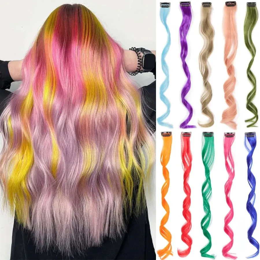 Colorful Hair Extensions Curly One Clip in Synthetic Long Hairpiece For Girls Women Kid Multi-colors Party Highlights Wig Piece — image 2