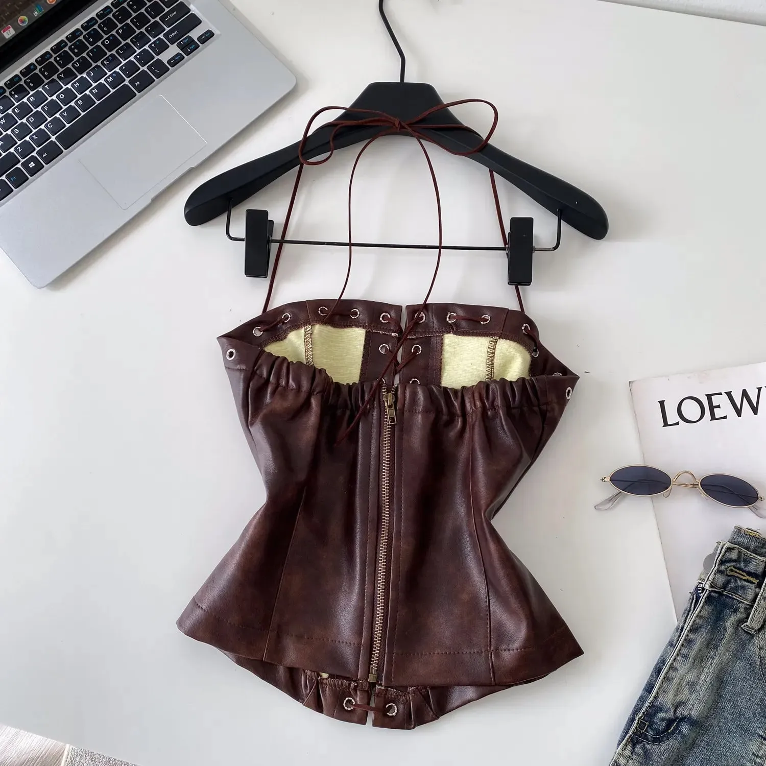 Sexy Bandage Pu Solid Tanks Top Vintage Corset Bustier Korean Autumn Camis Women Party Crop Top Y2k — image 2