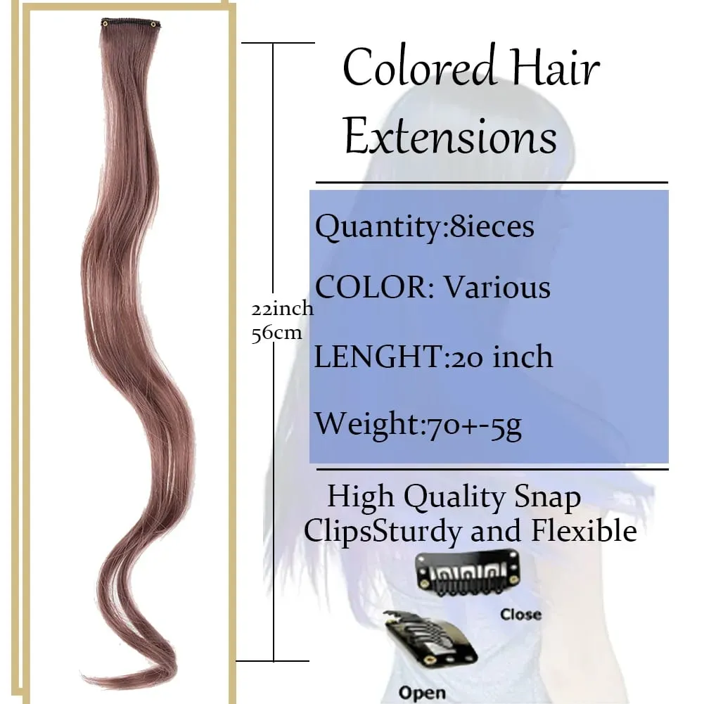 20 Inch Colourful Curly Wavy Party Highlights Clip in Synthetic Hairpieces 8 Pack Curly Colored Hair Extensions for Women