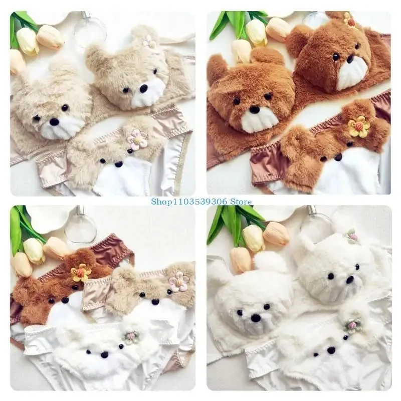 400A Women Cartoon Plush Bra Panty Set Funny Bear Bra Panties Set Lovely Lingerie