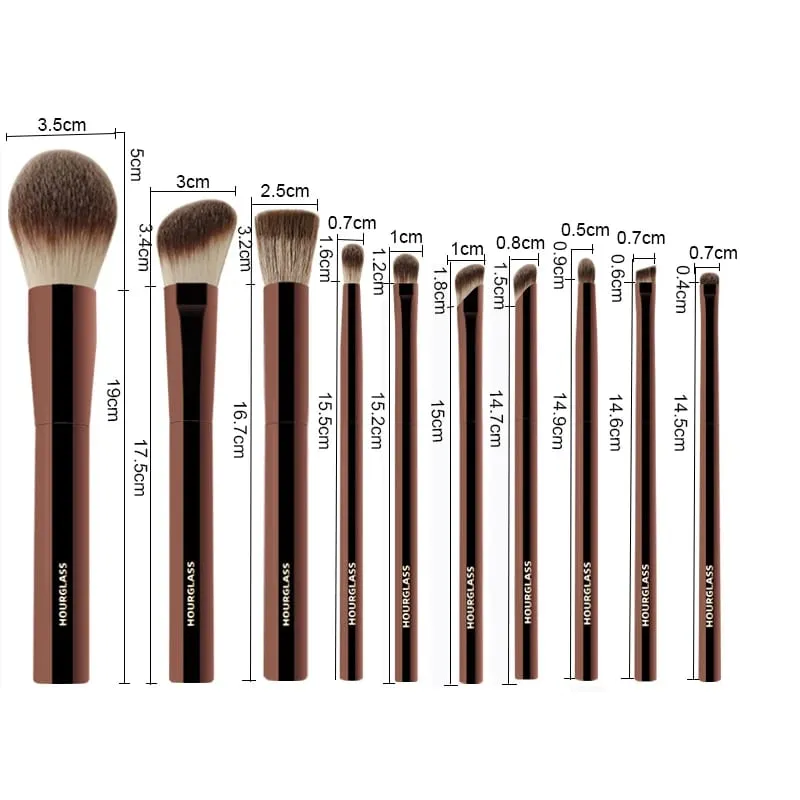 10pcs/set Hourglass Makeup brushes Powder Eyeshadow Domed Crease Make up brush Stippling Angled Shadow Brow with cosmeetic bag — image 5