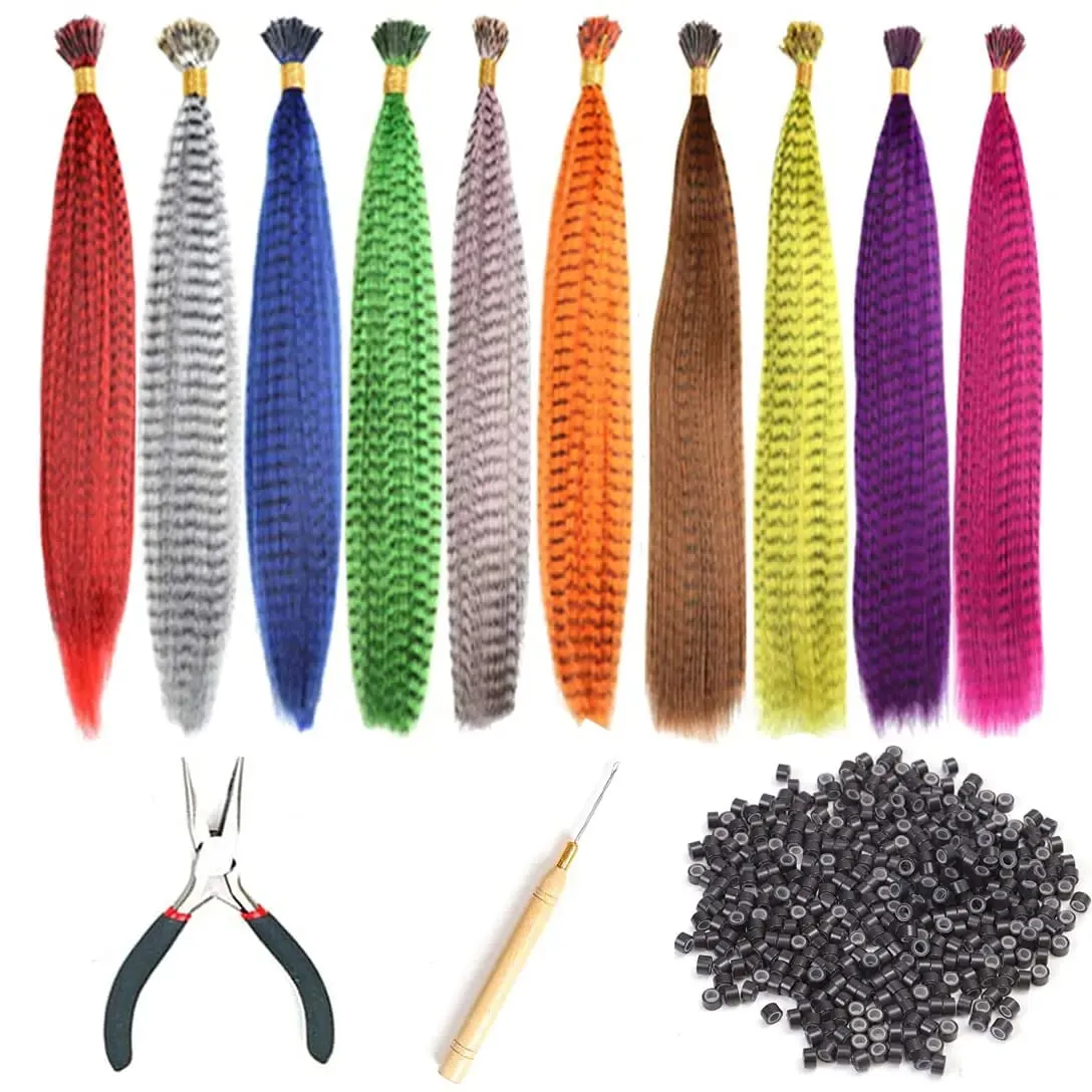 Colored Strands for Hair Feather Extension 10 Pieces I Tip Synthetic Hairpiece Fake Hair Zebra Line Feather Hair Extensions — image 2