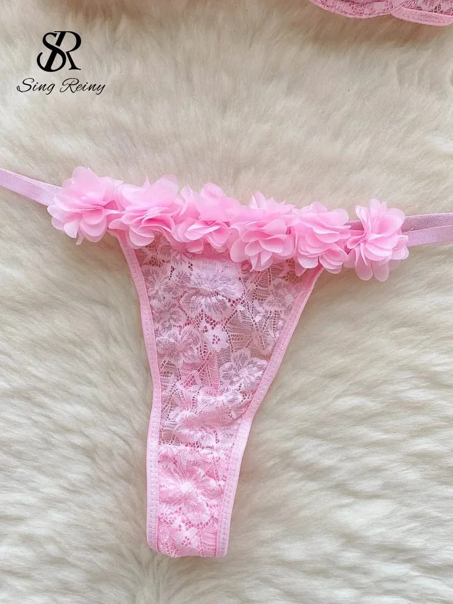 2024 Sensual Mesh Lace Lingerie Three Pieces Sets Women Floral Strap Mini Bra+Thongs Hollow Out Sexy Underwear Suits — image 4