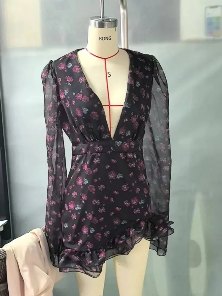 Ženy Flora Malované volánkové minišaty Elegantní s plným rukávem Hluboký výstřih do V Úzké vestidos do A 2026 Nová dáma, sváteční šaty do ulice — image 7