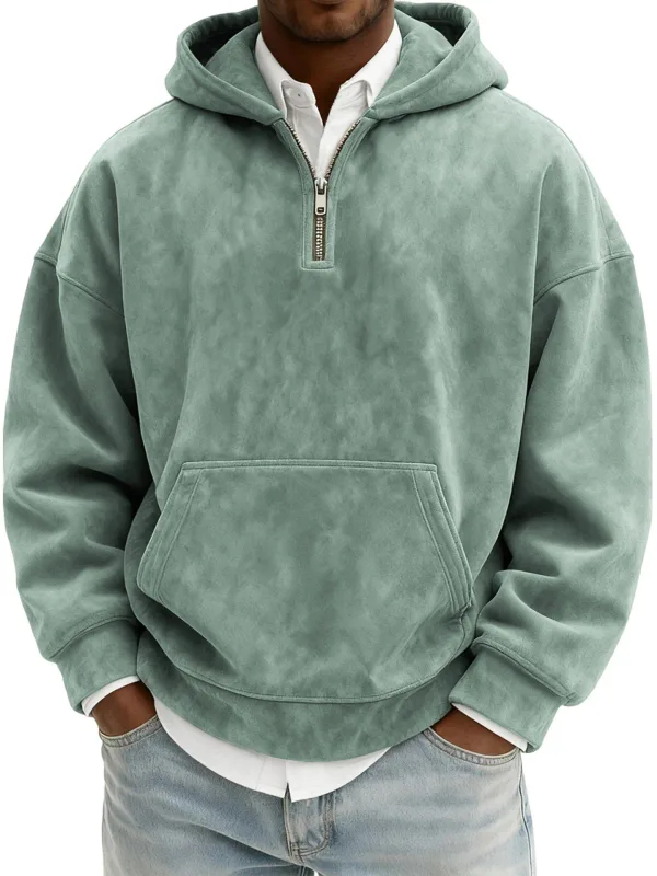 Amerika Fashion Baru Pria Warna Solid Setengah Ritsleting Lengan Panjang Kasual Trendi Harian Berkerudung Kaus Pria Hoodies Pakaian Atasan — image 12