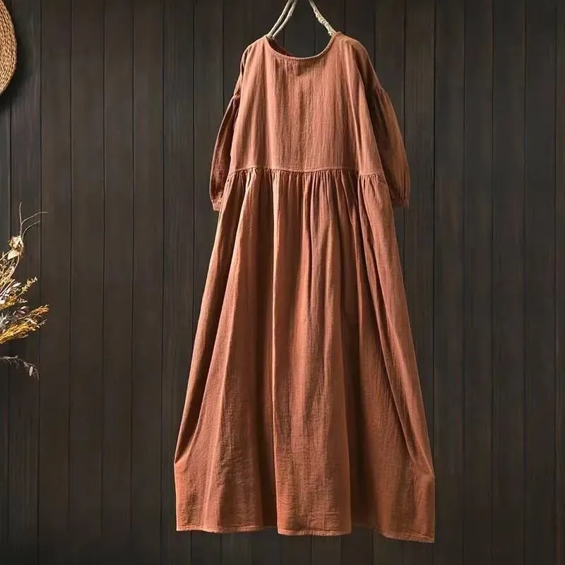 Johnature Women Vintage Cotton Dresses O-Neck Half Sleeve Soft Solid Color Robes 2025 Summer New Casual A-Line Female Dress — image 3