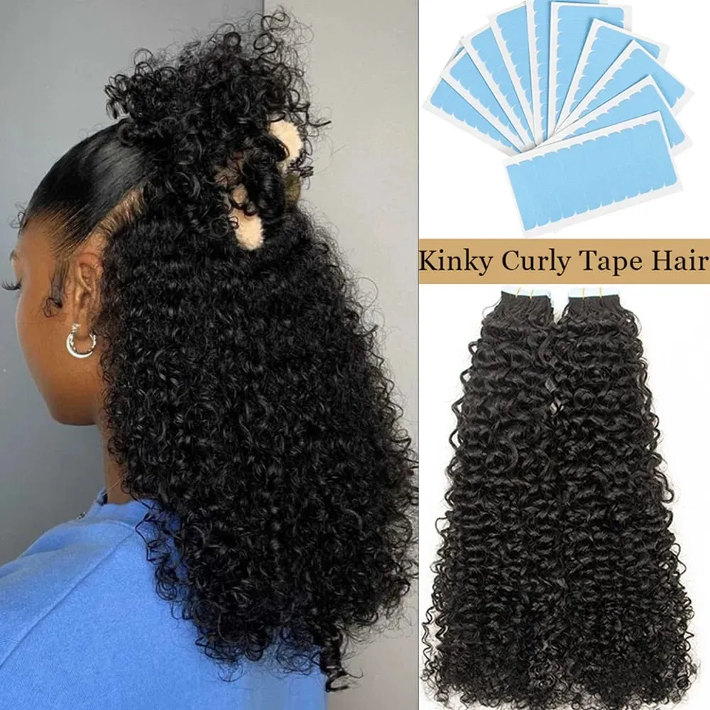 Jet Black Afro Kinky Curly Tape In Human Hair Extensions for Chocolate Women Tape Ins Hair Extension Tape on For Salon 20pcs