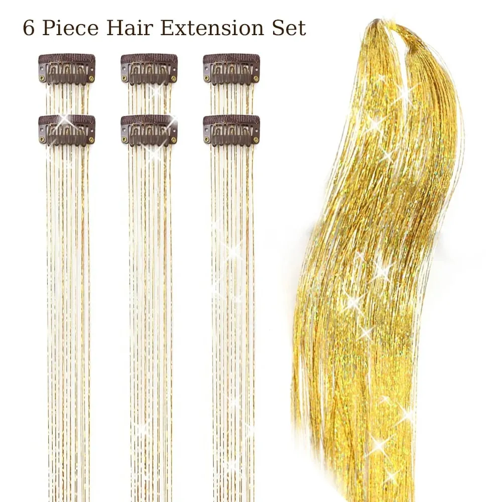 Balení 6ks Clip In Tinsel do vlasů 20palcový barevný třpytivý Tinsel Prodlužování vlasů Festivalový dárek Tinsel Fairy Hairpiece