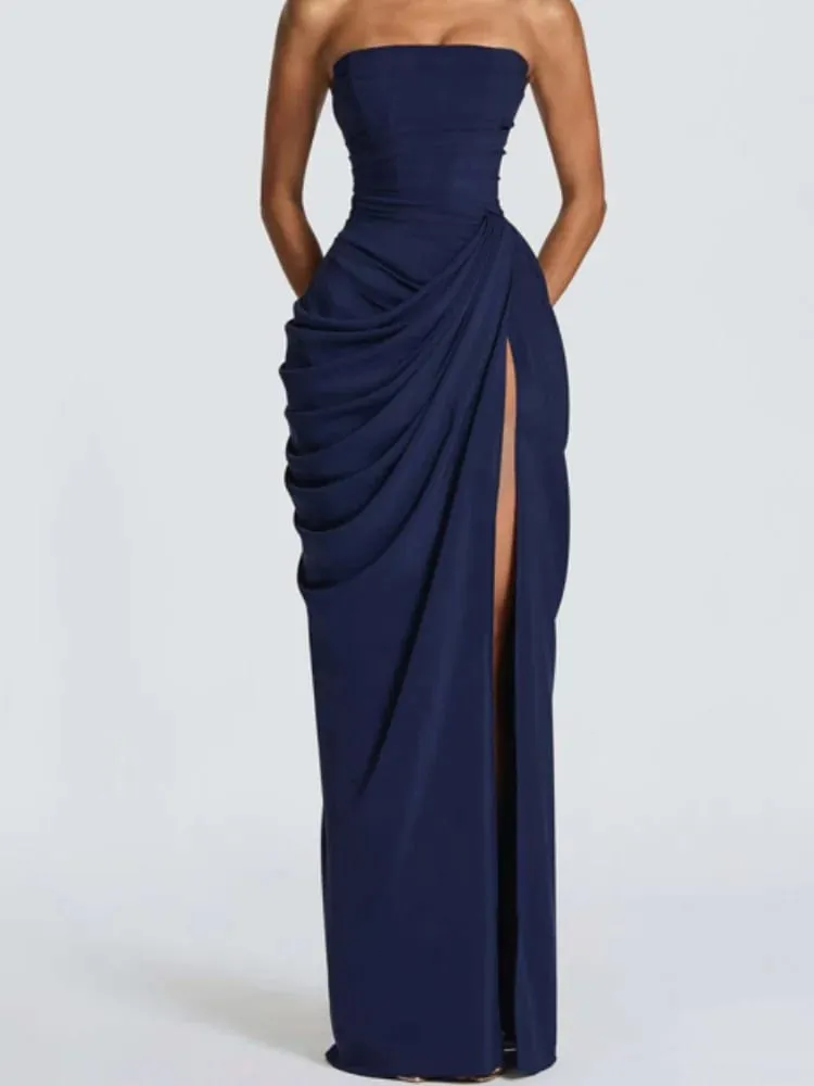 Robe plissée couleur unie, Sexy, sans bretelles, fendue, Chic, dos nu, taille haute, épaules dénudées, robes de soirée, nouvelle collection 2026 — image 6