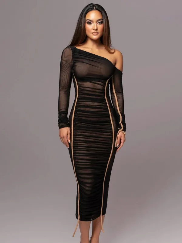 Hugcitar Mesh Solid Diagonal Collar Long Sleeve Draped Sexy See Through Bodycon Maxi Dress Summer Fashion Clothes Festival Club — image 8