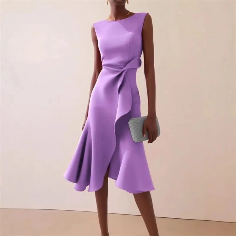 Women Sleeveless Solid Color Round Neck Midi Dress Elegant Slim Fit Formal Party Outfit Fashion 2025 New Arrival — image 4