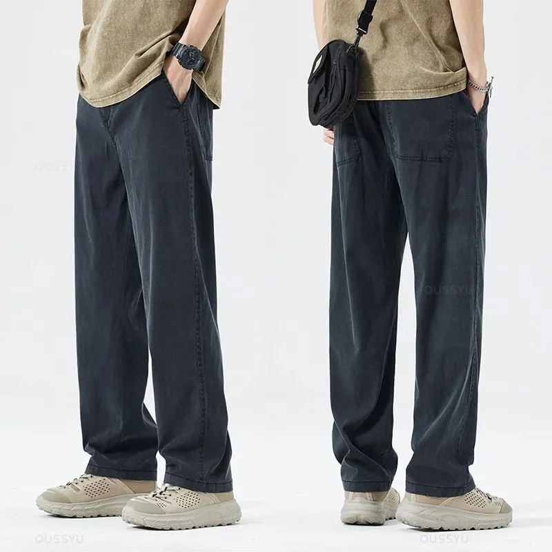 Summer Thin Soft Lyocell Fabric Jeans Men Loose Straight Wide Leg Pants Drawstring Elastic Waist Casual Trousers Plus Size M-5XL — image 16