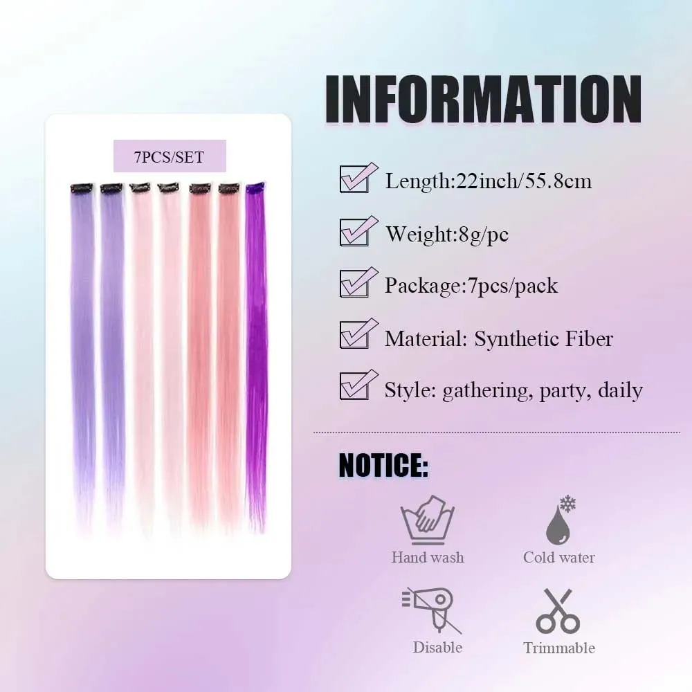 7 PCS Rainbow Colors Colored Hair Extensions Candy Color Hairpieces For Women Highlight Colorful Straight ClipIn Hair extension — image 2