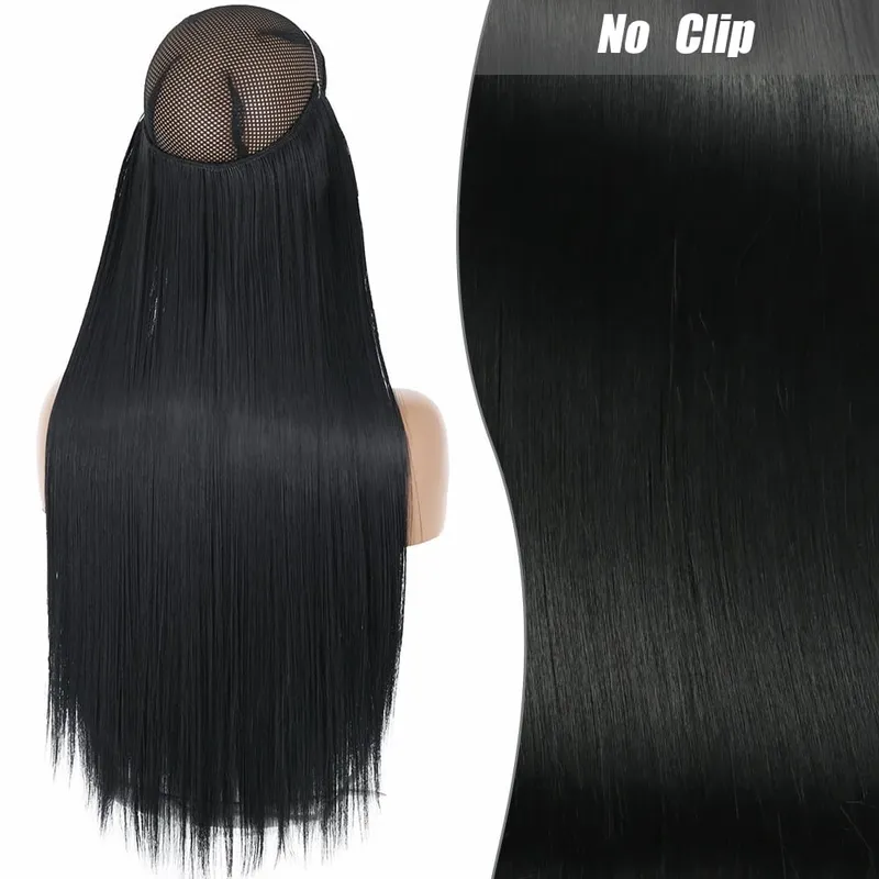 Synthetic Long Wavy No Clips Invisible Wire Hair Extensions Black Brown Blonde Fish Line False Hairpiece Piece