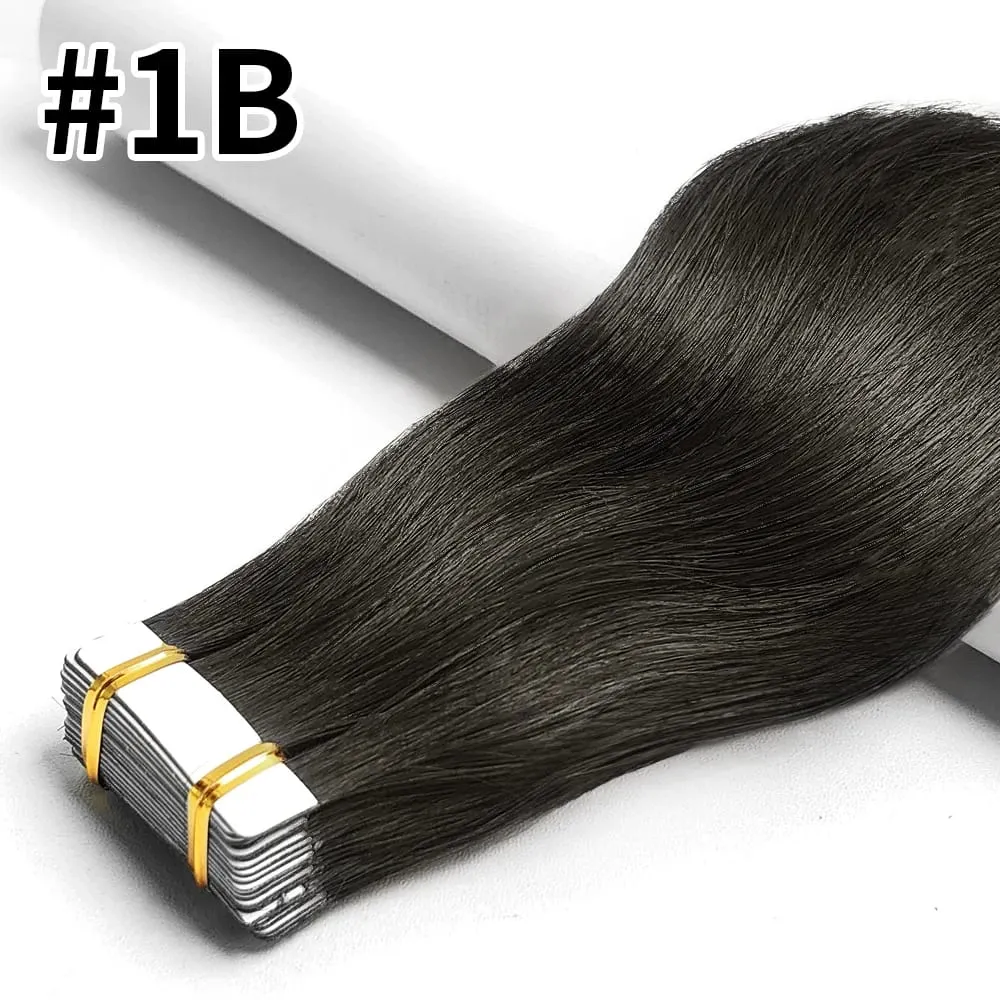 Straight Tape In Extensions 50G/20Pcs Skin Adhesive Invisible Glue #1B Tape Ins Brazilian Remy 100% Human Hair On Salon Quality — image 10