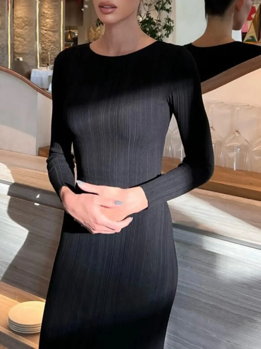 Women Spring Autumn Solid Color Bodycon Knit Dress Long Sleeve Crew Neck Ribbed Dress Slim Fit Long Dress — image 7
