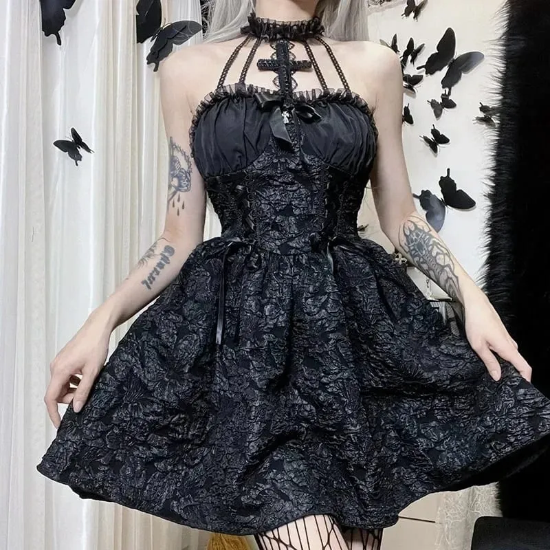 Mall Gothic Emo Jacquard A-line Dresses Goth dress Elegant Grunge Ruched Bandage Partywear Punk Black Women Halloween Club Dress — image 2