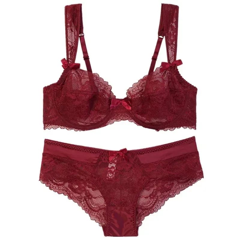 French Romantic Ultra-thin Lace Sexy Transparent Gathering Big Breasts Show Small Underwire Bra Cover Underwear Set Women — image 2
