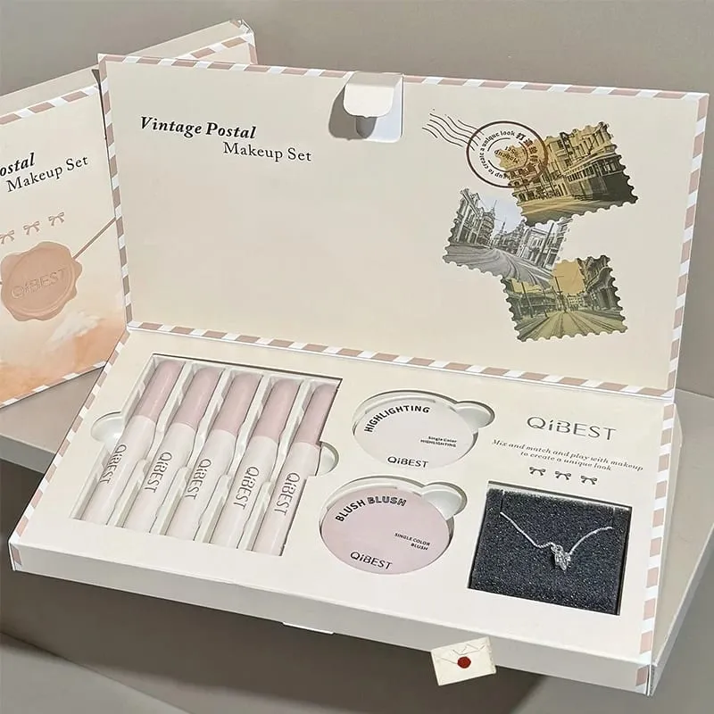 Retro Mail Design Multipurpose Face Makeup Set Include 5 Liquid Lipstick 1 Blush 1 Highlight And 1 Necklace Cosmetics Kit